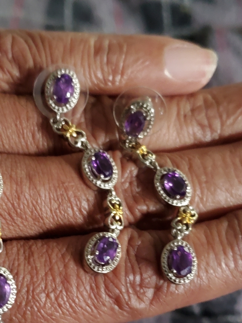 Amethyst Dangle Earrings Gold Rhodium Platinum Plated - Picture 4 of 5